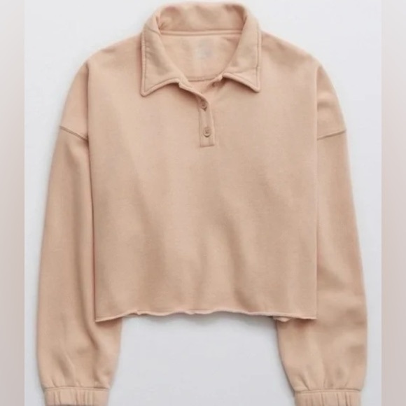 aerie Tops - Aerie Women’s Fleece of Mind Cropped Polo Sweatshirt in Natural Nude Size L